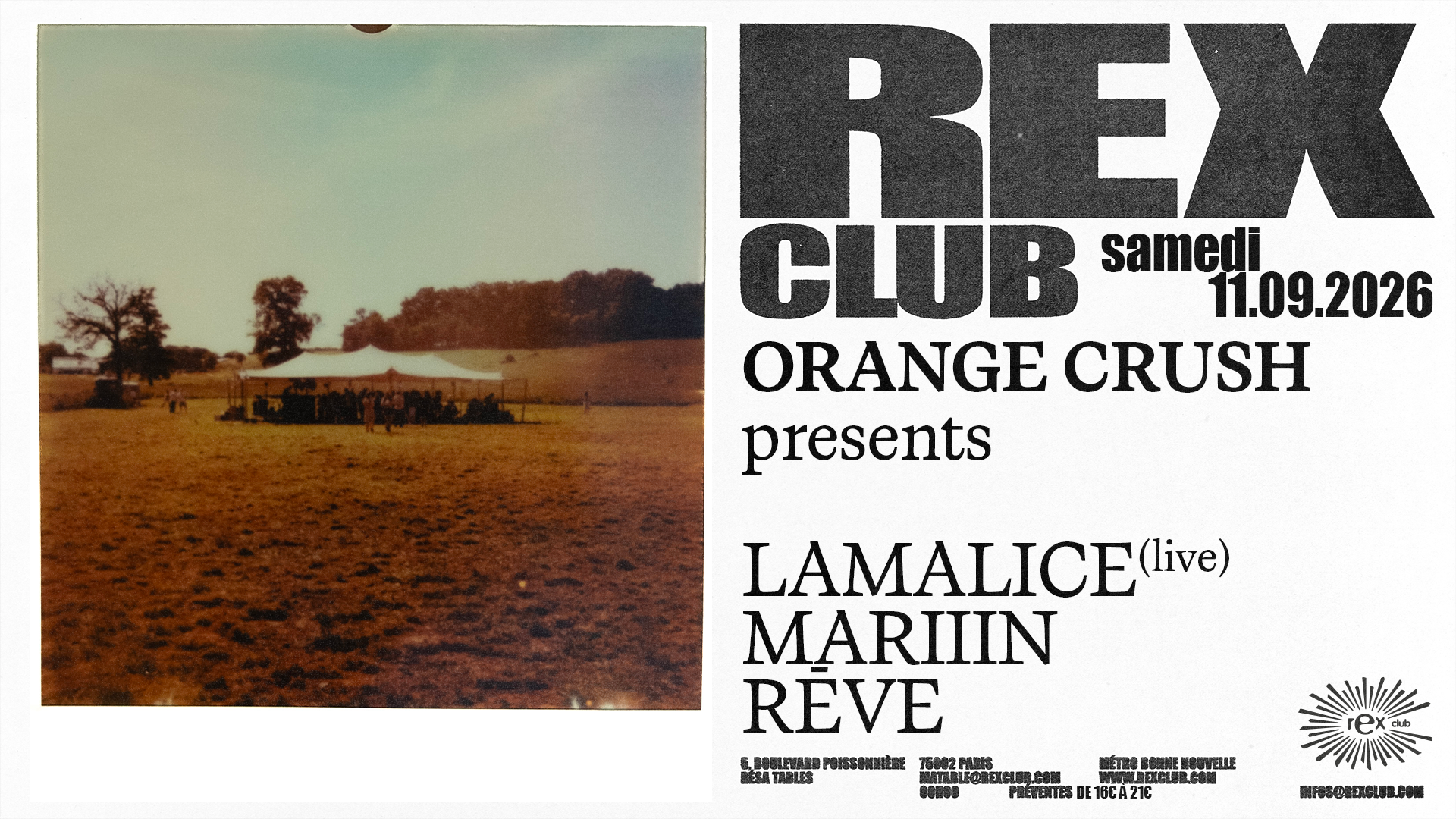 Orange Crush presents LAMALICE live, Mariiin and Rêve at Rex Club Paris, 11 September 2026