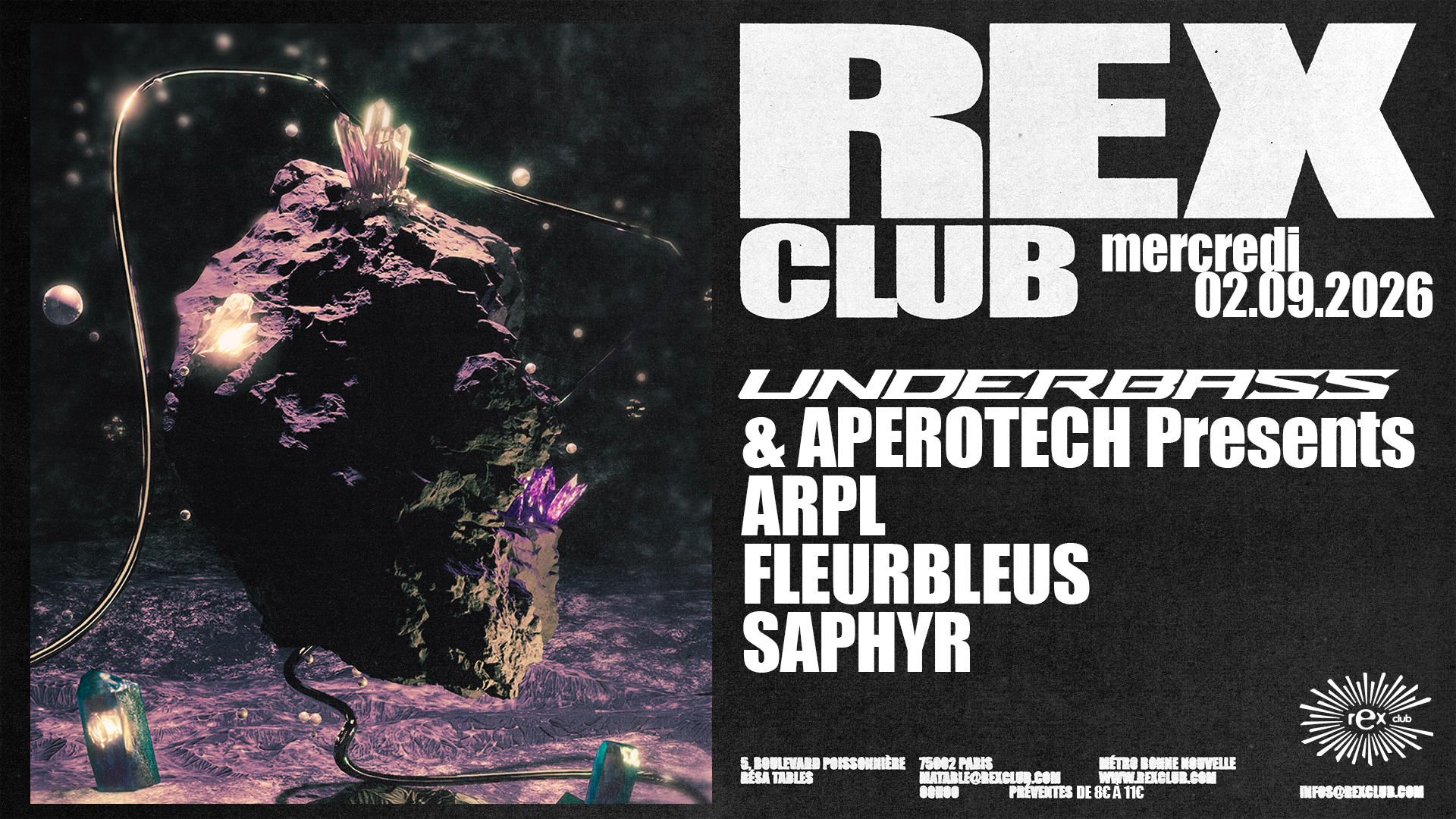 Underbass and Aperotech present ARPL, Fleurbleus and Saphyr at Rex Club Paris, 2 September 2026